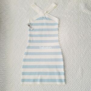babaton white and blue pastel striped bodycon mini sculpt knit cross dress